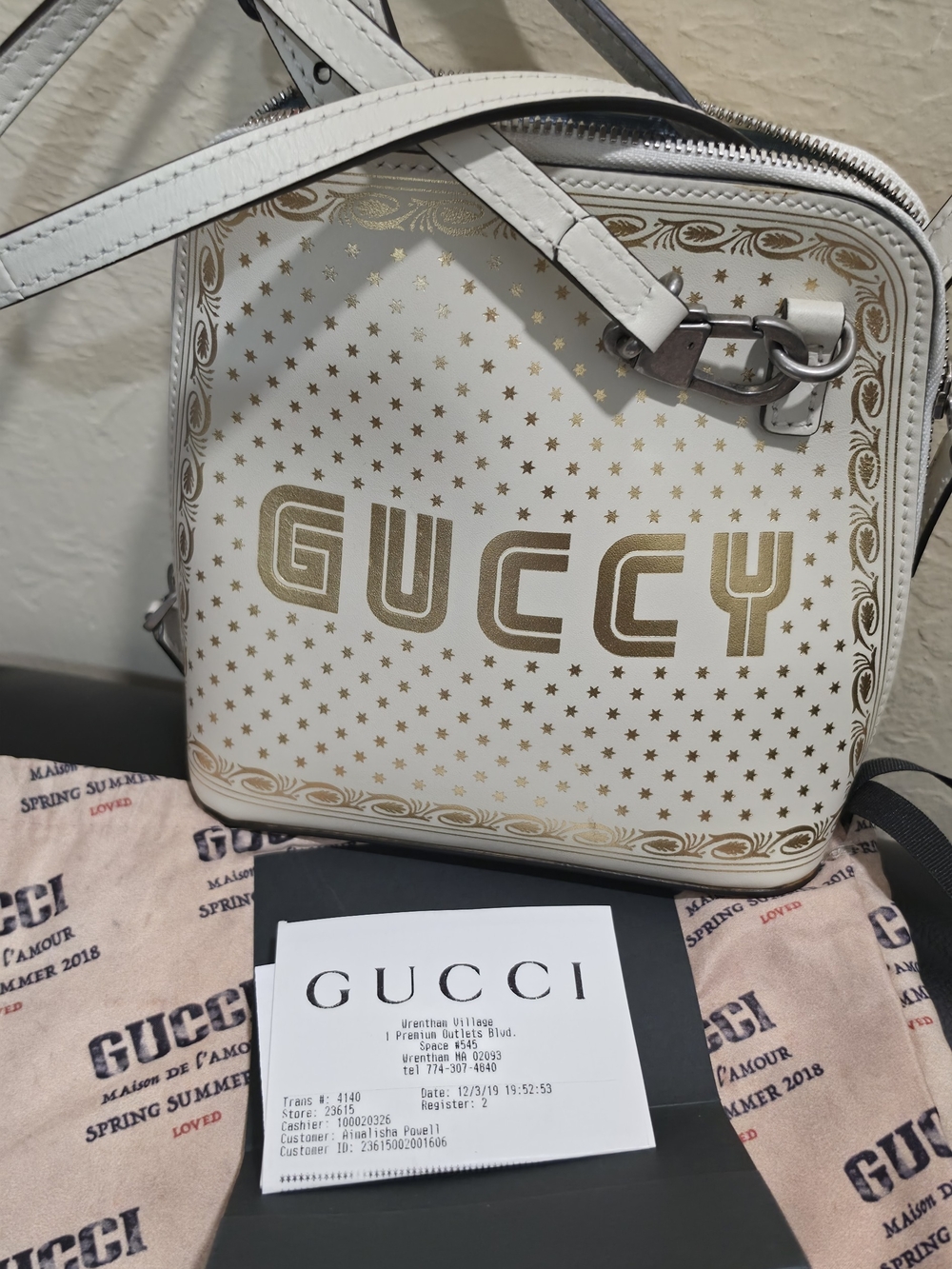 Gucci White and Gold Star-Print Crossbody Camera Bag